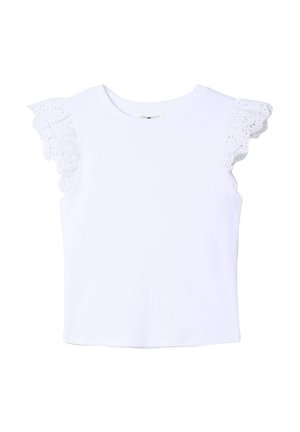 Top bianco senza maniche con maniche a volant in pizzo sangallo smerlato e scollo rotondo, progettato per bambine.