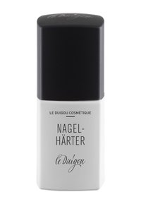 Nagelhärter in einer rechteckigen weißen Flasche mit schwarzem Deckel. Texte in Schwarz, einschließlich "NAGEL-HÄRTER" und "le Duigou Cosmétique."