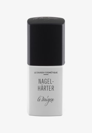 Nagelhärter in einer rechteckigen weißen Flasche mit schwarzem Deckel. Texte in Schwarz, einschließlich "NAGEL-HÄRTER" und "le Duigou Cosmétique."