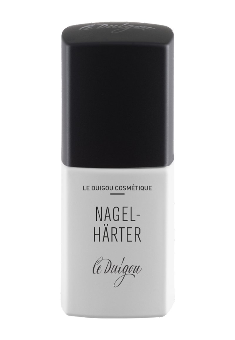 Nagelhärter in einer rechteckigen weißen Flasche mit schwarzem Deckel. Texte in Schwarz, einschließlich "NAGEL-HÄRTER" und "le Duigou Cosmétique."