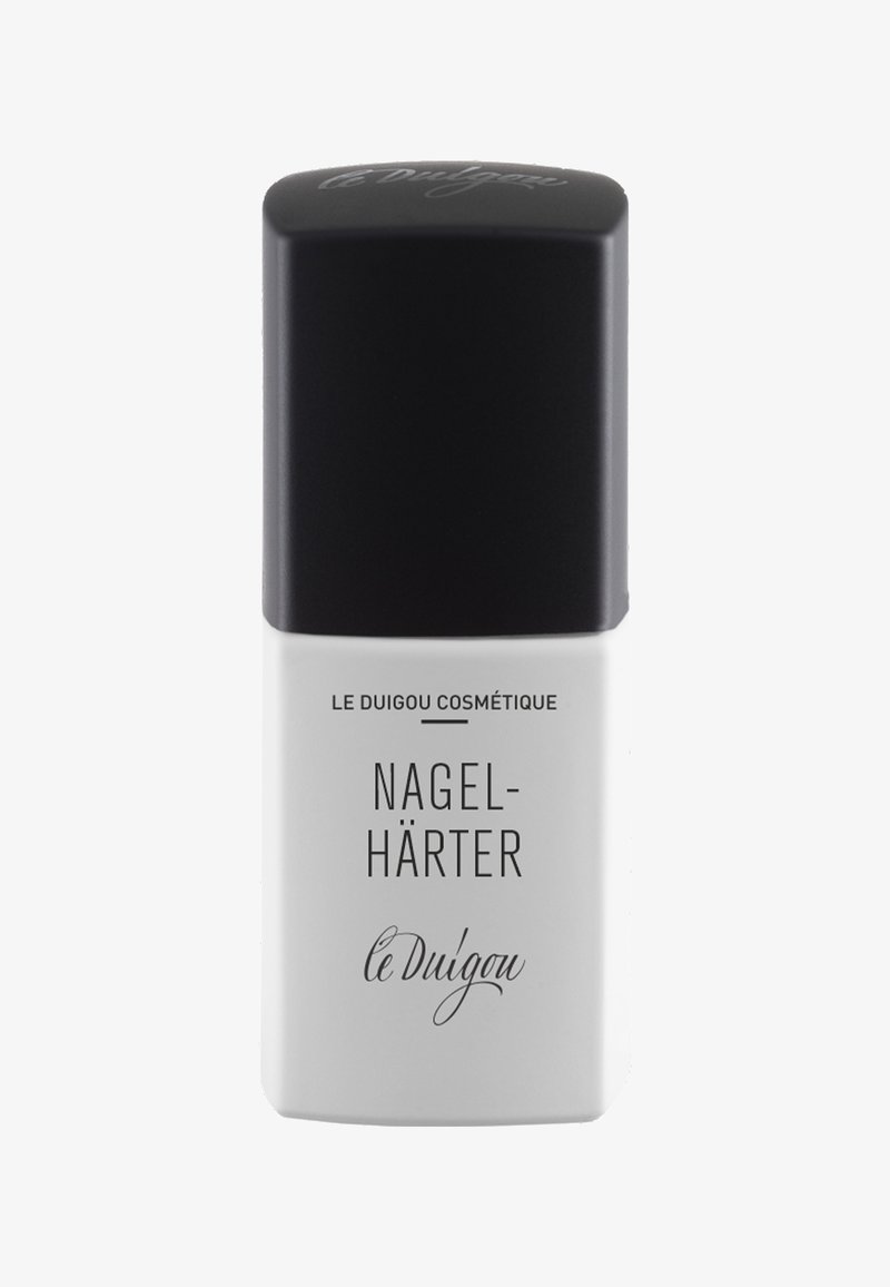 Nagelhärter in einer rechteckigen weißen Flasche mit schwarzem Deckel. Texte in Schwarz, einschließlich "NAGEL-HÄRTER" und "le Duigou Cosmétique."