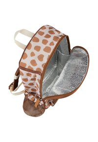 Brown spotted backpack with a light exterior, silver insulated interior, and a mesh pocket. Features a zip closure and adjustable straps.