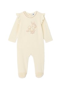 Cremefarbenes Baby-Strampler mit langen Ärmeln, Rüschendetails an den Schultern und einer Hasenillustration mit dem Text "Panpan". Weicher, strukturierter Stoff.