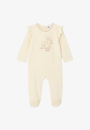 Cremefarbenes Baby-Strampler mit langen Ärmeln, Rüschendetails an den Schultern und einer Hasenillustration mit dem Text "Panpan". Weicher, strukturierter Stoff.