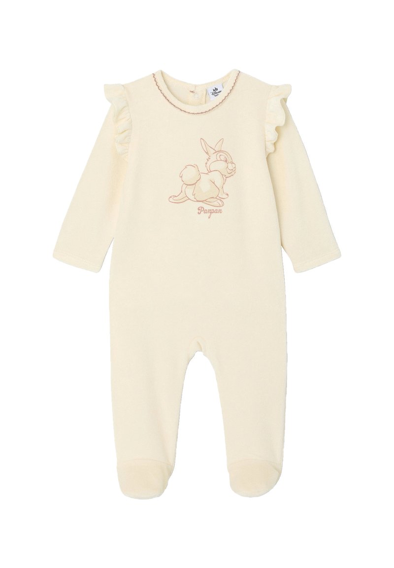 Cremefarbenes Baby-Strampler mit langen Ärmeln, Rüschendetails an den Schultern und einer Hasenillustration mit dem Text "Panpan". Weicher, strukturierter Stoff.