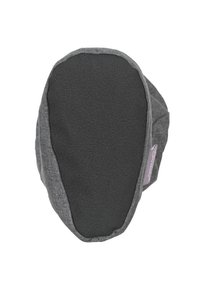 Grauer Stoffhut mit einem glatten schwarzen Innenfutter; abgerundete Form und minimales Design mit einem kleinen Etikett an der Seite.