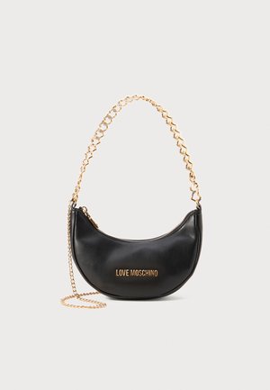 Black leather crescent-shaped handbag with a gold chain strap and a zip closure. Features "LOVE MOSCHINO" logo in gold on the front.