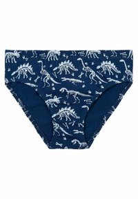 Mutande in cotone blu navy con un motivo ripetuto di scheletri di dinosauro e impronte bianche; vita elastica, texture morbida.