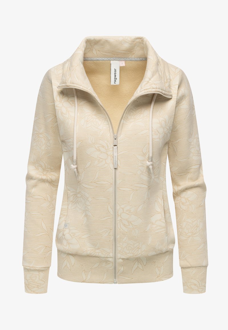 Felpa con zip beige con un motivo floreale, realizzata in tessuto testurizzato. Presenta un colletto alto, cordini e polsini elastici.