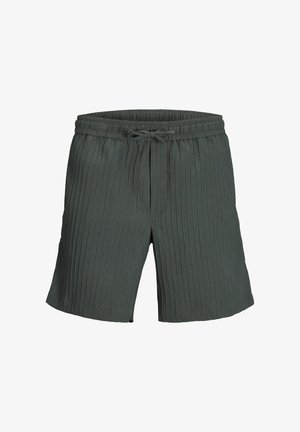 Donkergroene, geribbelde shorts met een elastische tailleband en een trekkoord. Een losse pasvorm verhoogt het comfort en de bewegingsvrijheid.