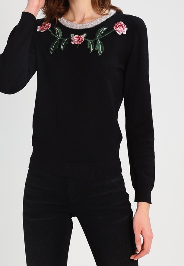 Maglione nero con colletto argento, decorato con rose rosa ricamate e foglie verdi lungo il collo. Realizzato in tessuto morbido, design aderente.