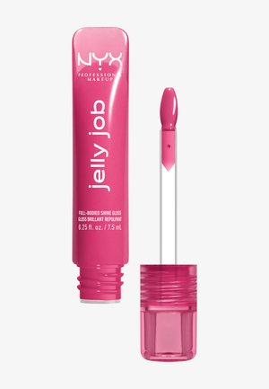 Tube de gloss pour les lèvres rose vif NYX Professional Makeup Jelly Job avec applicateur à baguette, montrant du gloss sur la pointe.