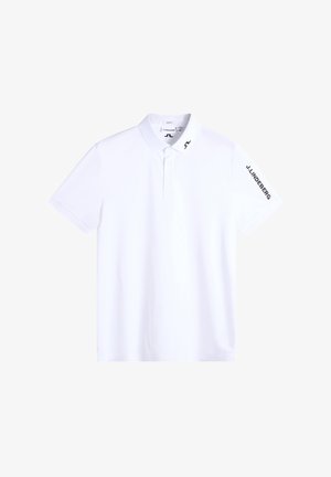 Polo bianca slim fit con colletto, patta con tre bottoni, scritta "J.LINDEBERG" sulla manica destra e logo sul colletto.