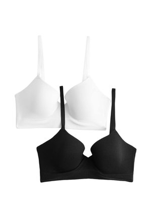 Due reggiseni senza cuciture, uno bianco e uno nero, con sottili spalline regolabili e coppe sagomate, mostrati su sfondo bianco.