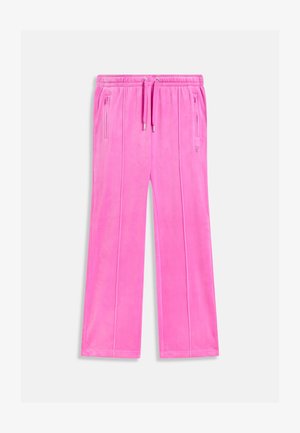 Svetlo roza ravne hlače z elastičnim pasom, vrvico za zavezovanje, žepki z zadrgo na straneh in nežnimi šivnimi detajli spredaj.