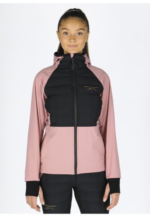 Women's jacket featuring a pink and black color block design, zip front, padded chest, and flexible fabric with thumbholes in sleeves.
