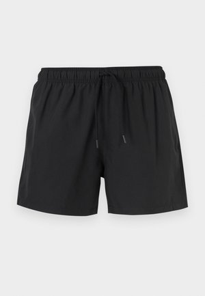 Schwarze lässige Shorts mit elastischem Bund und schwarzem Kordelzug, aus leichtem Stoff gefertigt, flach auf hellem Hintergrund liegend dargestellt.