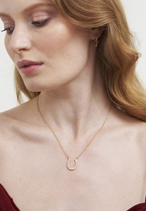 Gold horseshoe necklace with clear gemstones on a delicate chain, complementing a deep burgundy neckline. Smooth metal texture, minimal design.