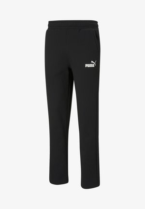 Schwarze Sweatpants aus glattem Material, mit einem weißen Puma-Logo auf dem linken Oberschenkel, einem elastischen Bund und geradem Bein.