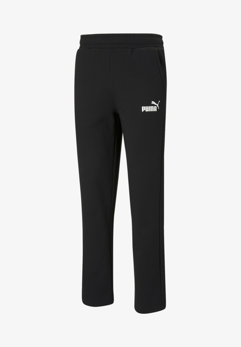 Black sweatpants made of smooth fabric, featuring a white Puma logo on the left thigh, with an elastic waistband and straight-leg cut.
