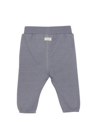 Grijze katoenen broek in een blend met een elastische tailleband, taps toelopende pijpen en gathered boorden. Heeft een klein merklabel op de achterkant.