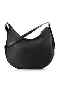 Black textured leather crescent-shaped shoulder bag with adjustable strap and gold zipper closure.