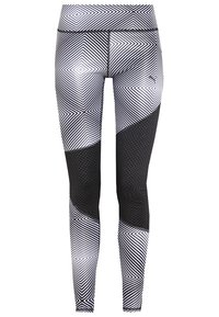 Sort og hvide atletiske leggings med geometriske mønstre, der har varierende teksturer og striber, lavet af et strækbart og åndbart materiale.