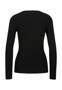 Schwarzer gerippter Langarmpullover mit Rundhalsausschnitt. Strukturiertes Material, figurbetontes Schnitt und minimalistische Details. Einfaches Design ohne Verzierungen.