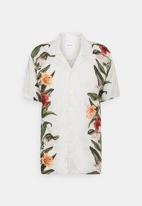 Short-sleeve shirt in cream fabric, featuring colorful floral patterns with green leaves, button closure, and a collared neckline.