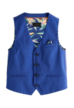 Modrá vesta na gombíky s kvetinovou vzorovanou vnútornou podšívkou a zodpovedajúcou vreckovkou, bez rukávov s výstrihom do V a dvoma prednými vreckami.