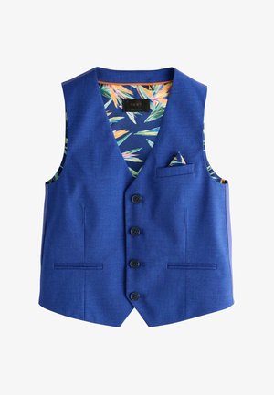 Modrá vesta na gombíky s kvetinovou vzorovanou vnútornou podšívkou a zodpovedajúcou vreckovkou, bez rukávov s výstrihom do V a dvoma prednými vreckami.