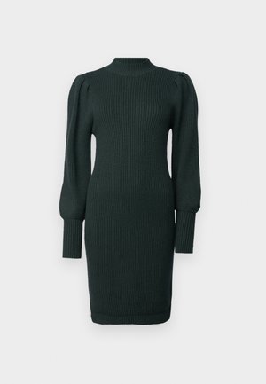 Dunkelgrünes geripptes Strickkleid mit hohem Kragen, Puffärmeln und taillierter Silhouette, das knapp über dem Knie endet.