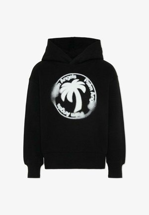 Sweat à capuche noir avec un motif de palmier blanc en style pochoir et un texte circulaire sur le devant, manches longues et poignets côtelés.