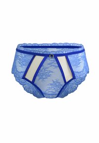 Niebieskie koronkowe majtki z wysokim stanem, z przezroczystymi panelami, falbaniastymi krawędziami i złotą obręczą na środku pasa.