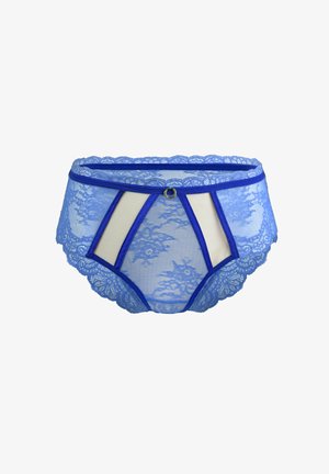 Niebieskie koronkowe majtki z wysokim stanem, z przezroczystymi panelami, falbaniastymi krawędziami i złotą obręczą na środku pasa.