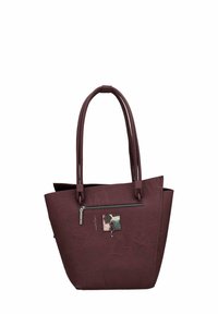 Bolso de mano estructurado burdeos con patrones embossados, que cuenta con dos asas largas y un bolsillo con cremallera con un acento metálico decorativo.