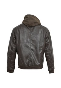 Chaqueta de cuero marrón con capucha, que presenta una textura suave y puños acanalados. La parte trasera muestra un detalle de costuras y una silueta ajustada.