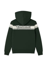 Felpa verde con un grande logo bianco "Trussardi" e due strisce orizzontali bianche sulla schiena. Presenta un cappuccio con coulisse e polsi a coste.