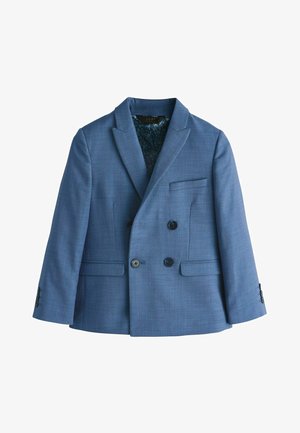 Blå dobbelttradet blazer med tekstureret stof. Har to forlommer og tre knapper på hver manchet. Blomstret inderfoer.