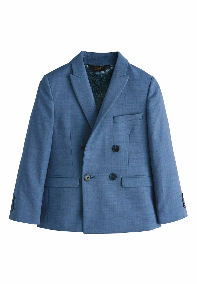 Blazer azul de doble botonadura con tejido texturizado. Cuenta con dos bolsillos delanteros y tres botones en cada puño. Forro interior floral.