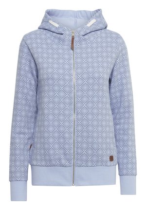 Ljusa blå zip-up hoodie med ett mönstrat tyg, med huva, ribbade ärmmuddar och nederkant, samt en liten logodetalj på sidan.
