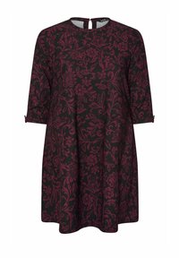 Schwarzes Kleid mit burgunderfarbenem Blumenmuster, Rundhalsausschnitt, 3/4-Ärmeln und einem Schlüsselaugen-Detail am Rücken. Strukturierter Stoff mit lockerer Passform.