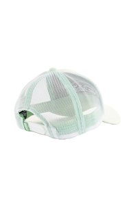 Weißer Mesh-Cap mit mintgrünen Akzenten, ausgestattet mit einem gebogenen Schirm und einem verstellbaren Snapback-Verschluss auf der Rückseite. Strukturierte Oberflächendetail.