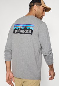 Γκρι πουκάμισο με μακριά μανίκια που έχει ένα πολύχρωμο γραφικό τοπίου βουνών και το κείμενο "patagonia" στην πλάτη. Μαλακό ύφασμα με άνετη εφαρμογή.