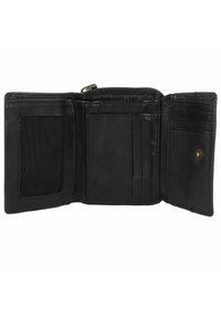 Portafoglio in pelle nera con chiusura a zip, dotato di più scomparti per carte, una finestra per l'ID in rete e superfici interne lisce.