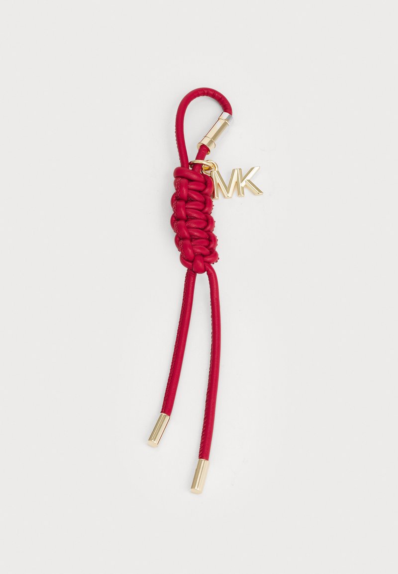 Red leather keychain with braided design, featuring two gold-tone metal accents at the ends and an attached gold "MK" charm.
