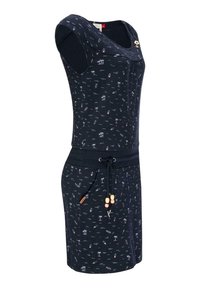 Navyblå klänning i mjukt tyg med ett strandtema tryck. Den har en rundad halsringning, korta ärmar och ett dragsko midjeband.