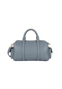 Borsa a tracolla in pelle grigia con doppio manico e tracolla regolabile. Presenta una superficie testurizzata e dettagli in metallo di color oro.