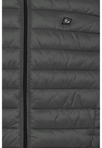 Chaqueta de plumas gris con diseño acolchado, cierre frontal de cremallera y un pequeño parche con logo. Fabricada en material sintético ligero.