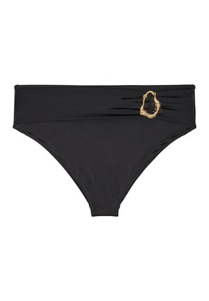 Schwarzer hoch taillierter Bikinihöschen mit gerafftem Bund und unregelmäßigem goldfarbenem Metallringdetail an der rechten Seite.